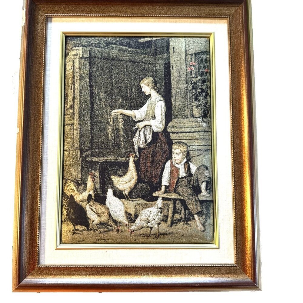 Fiber Art Albert Anker The Poultry Yard Framed Vintage Chicken Woman 20x13.5